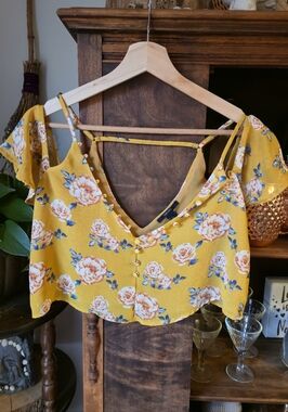 FOREVER 21 Mustard Yellow Floral Cold-Shoulder Wide Fit Boho Sheer Crop Top, SM
